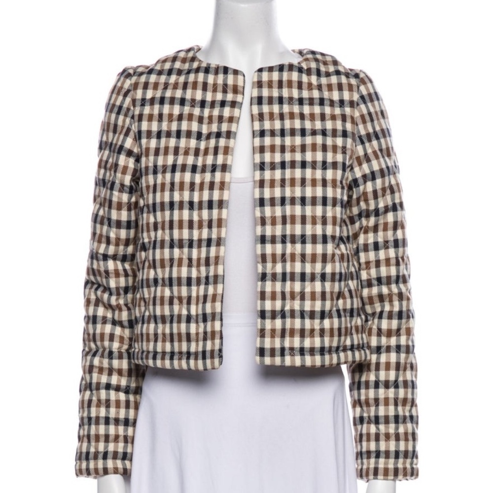 Caroline Constas Lyla Gingham Plaid Quilted Jacket size Medium Brown Navy Cream